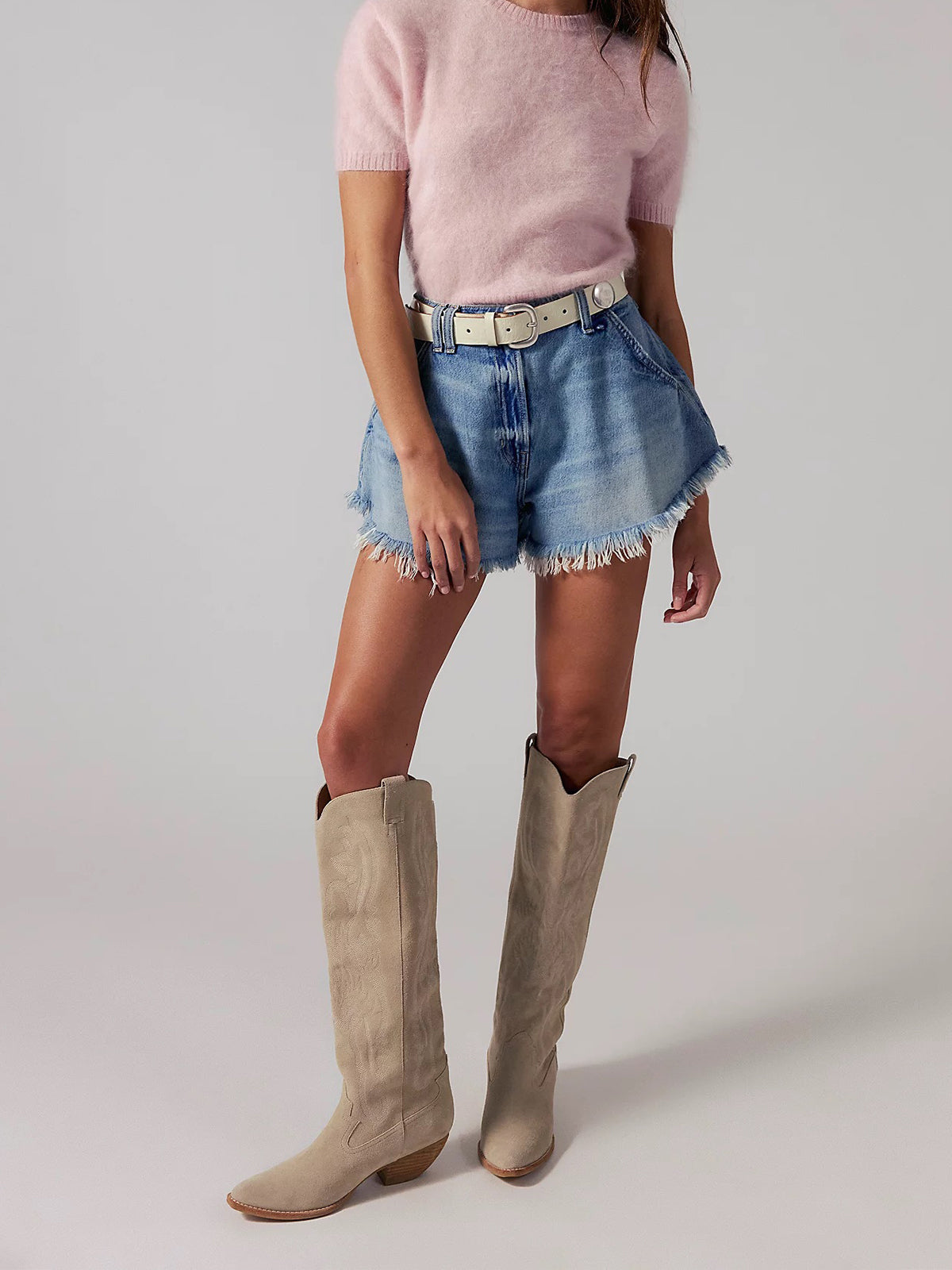 Beige Faux Suede Pointed-Toe Embroidery Wide Calf Knee High Cowgirl Boots For Women