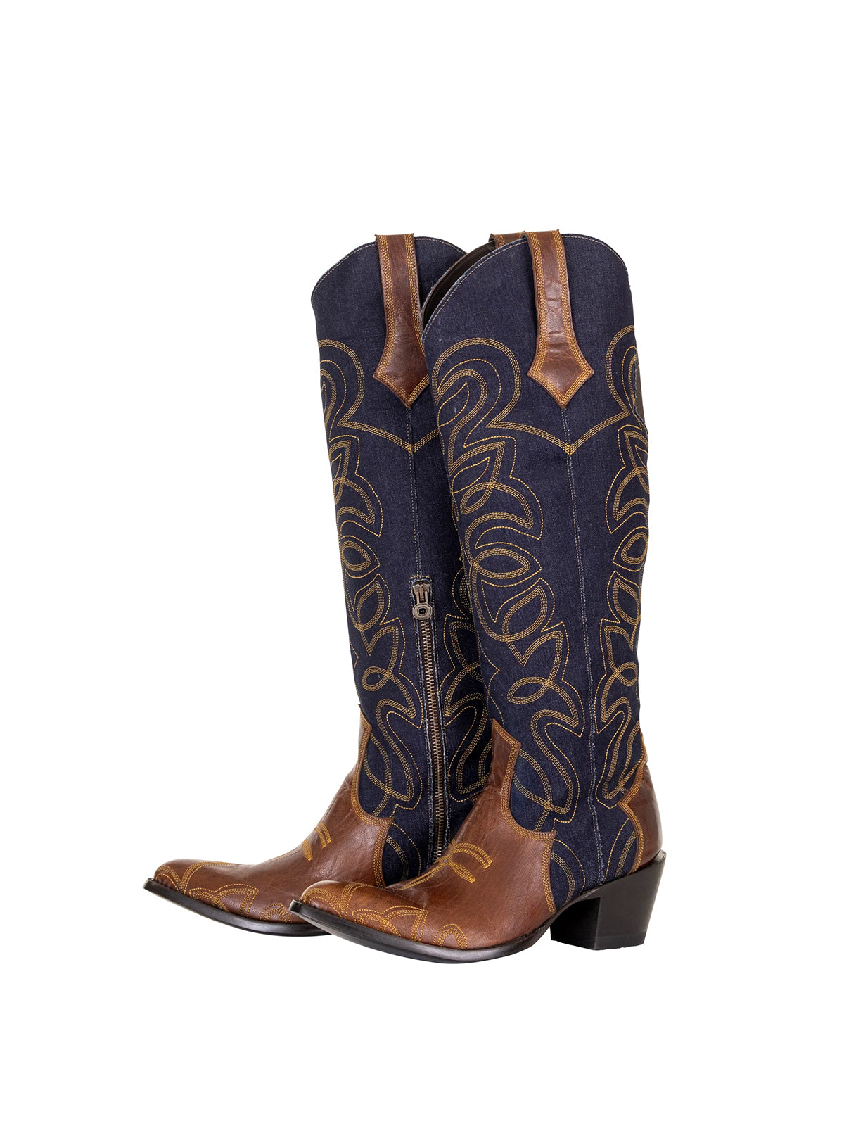 Blue Denim Contrast Vegan Leather Almond-Toe Embroidery Half-Zip Knee High Cowgirl Boots