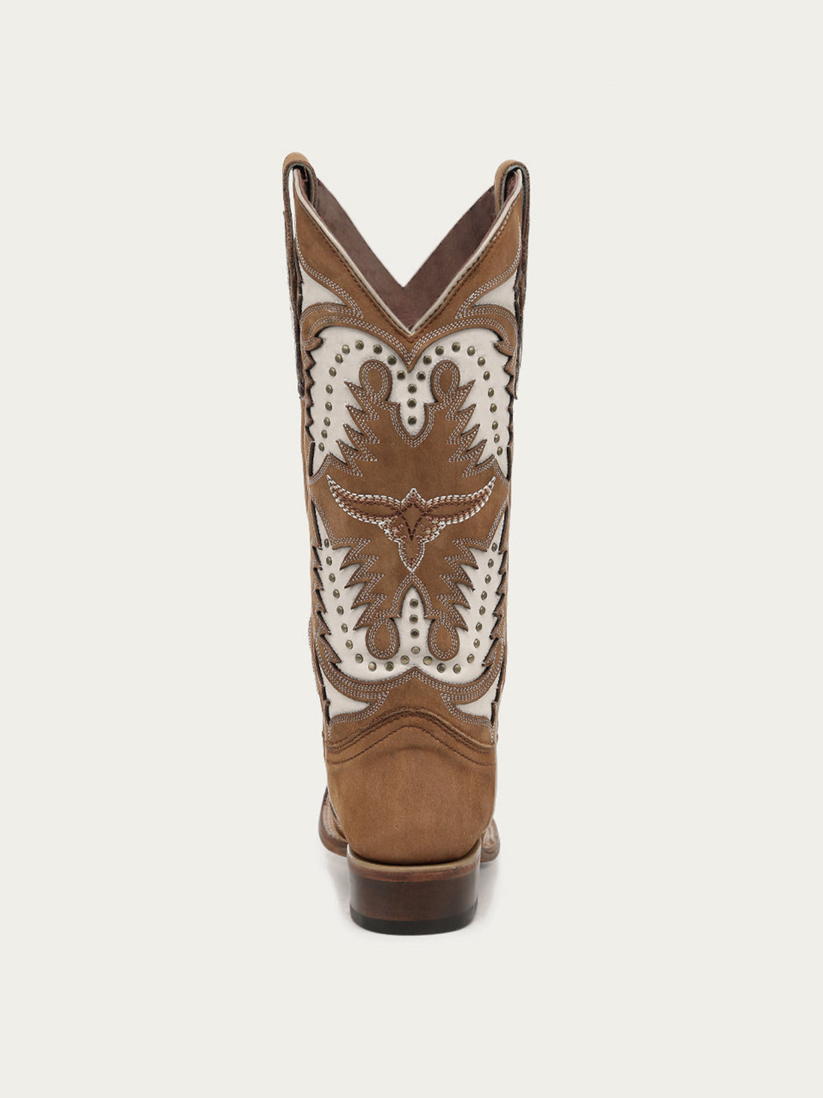 Brown Square-Toe White Inlay And Studs Chic Mid Calf Cowgirl Boots