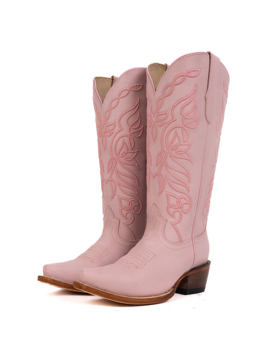 Snip-Toe Sleek Embroidery Half-Zip Knee High Cowgirl Boots For Woman - Pink
