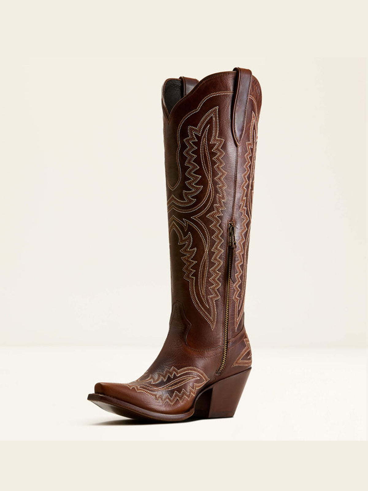 Western Embroidery Tall Snip-Toe Half-Zip Knee High Cowgirl Boots - Dark Brown