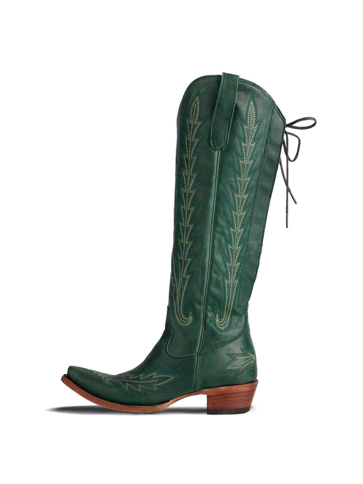 Snip-Toe Embroidery Half-Zip Back Lace-Up Knee High Cowgirl Boots - Green