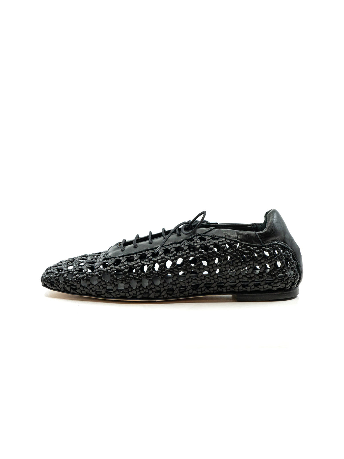 Black Woven Vegan Leather Square-Toe Chic Lace-Up Flats