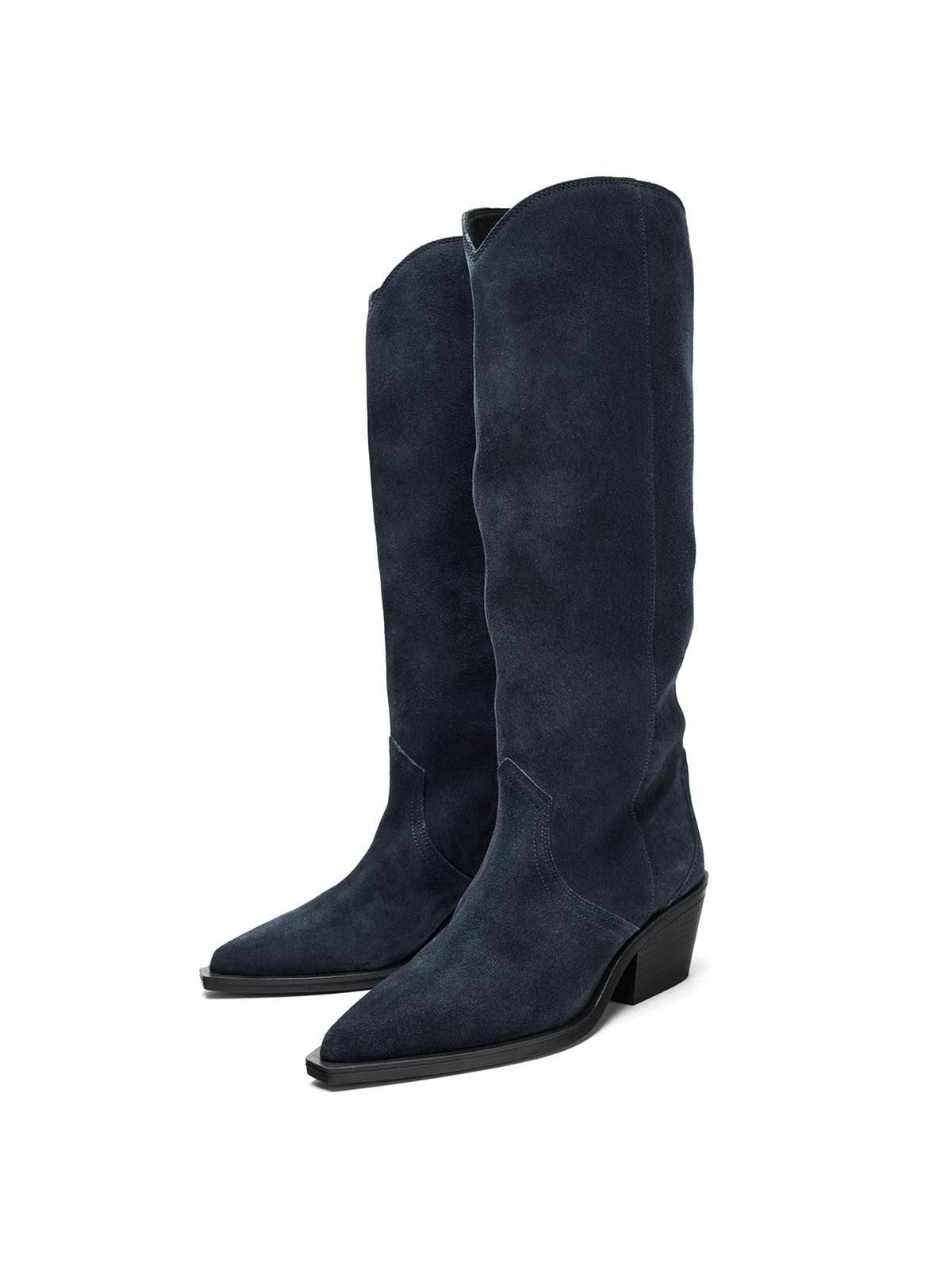 Dark Blue Faux Suede Pointed-Toe Sleek Wide Calf Chic Knee High Cowgirl Boots