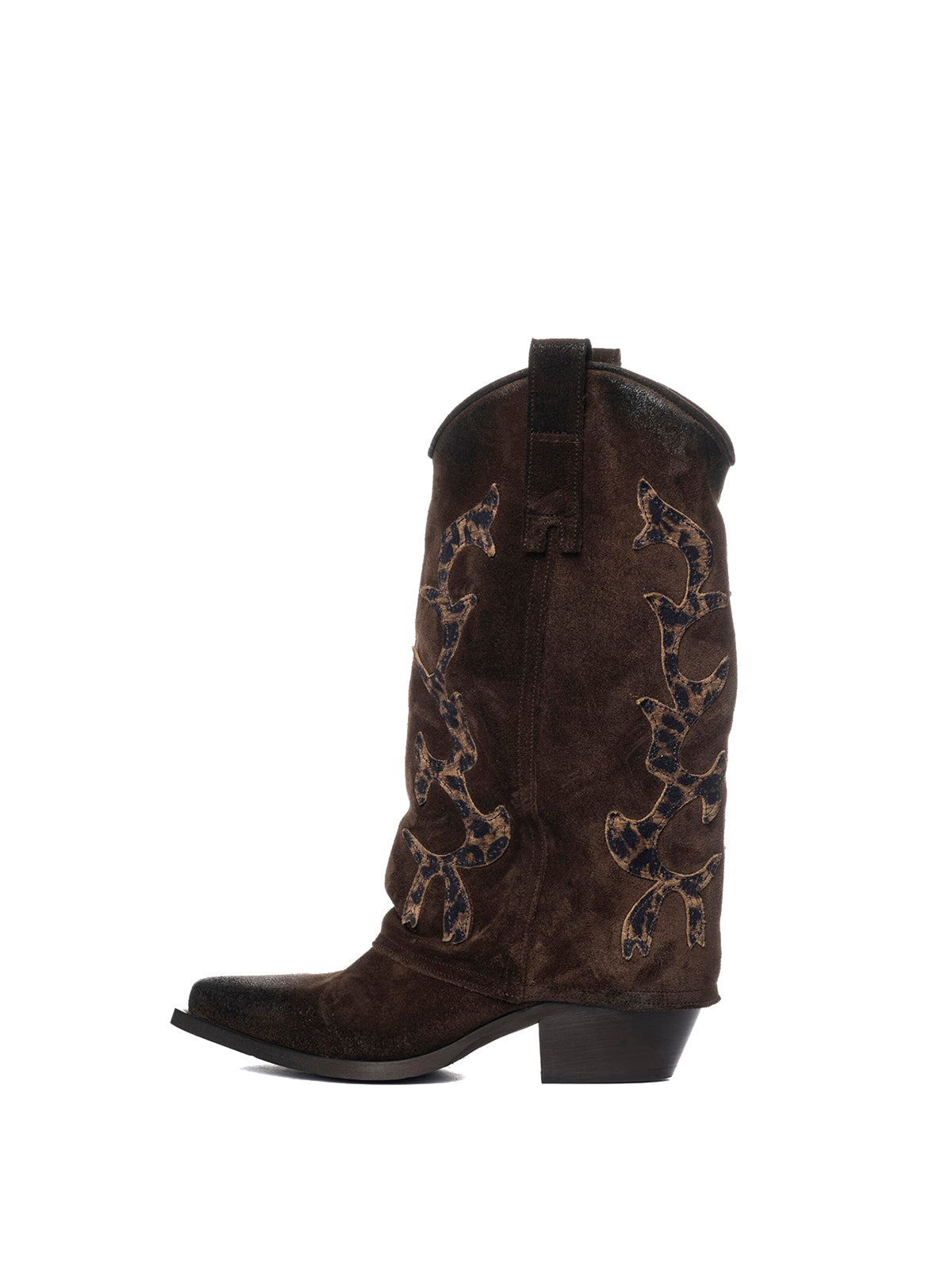 Dark Brown Faux Suede Snip-Toe Leopard Applique Fold-Over Mid Calf Cowgirl Boots