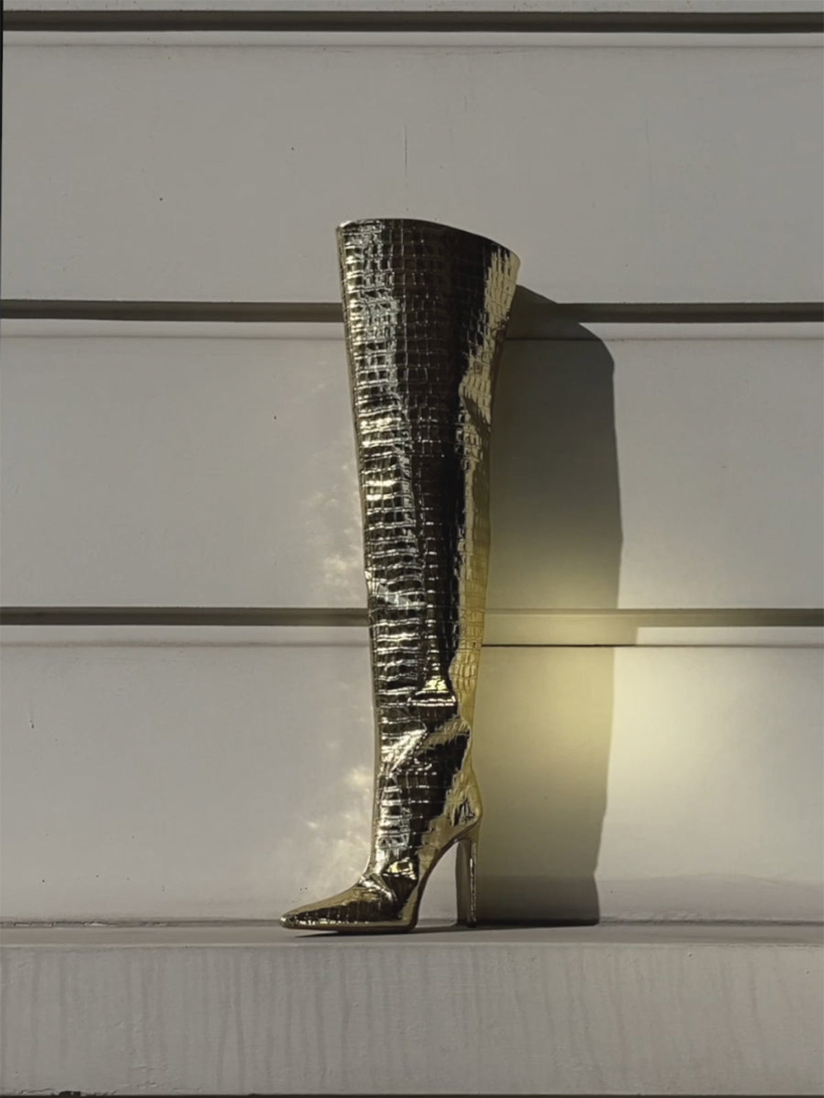 Metallic Gold Crocodile Print Pointed-Toe Wide Calf Over-The-Knee Stiletto Boots
