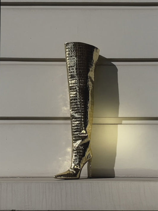 Metallic Gold Crocodile Print Pointed-Toe Wide Calf Over-The-Knee Stiletto Boots