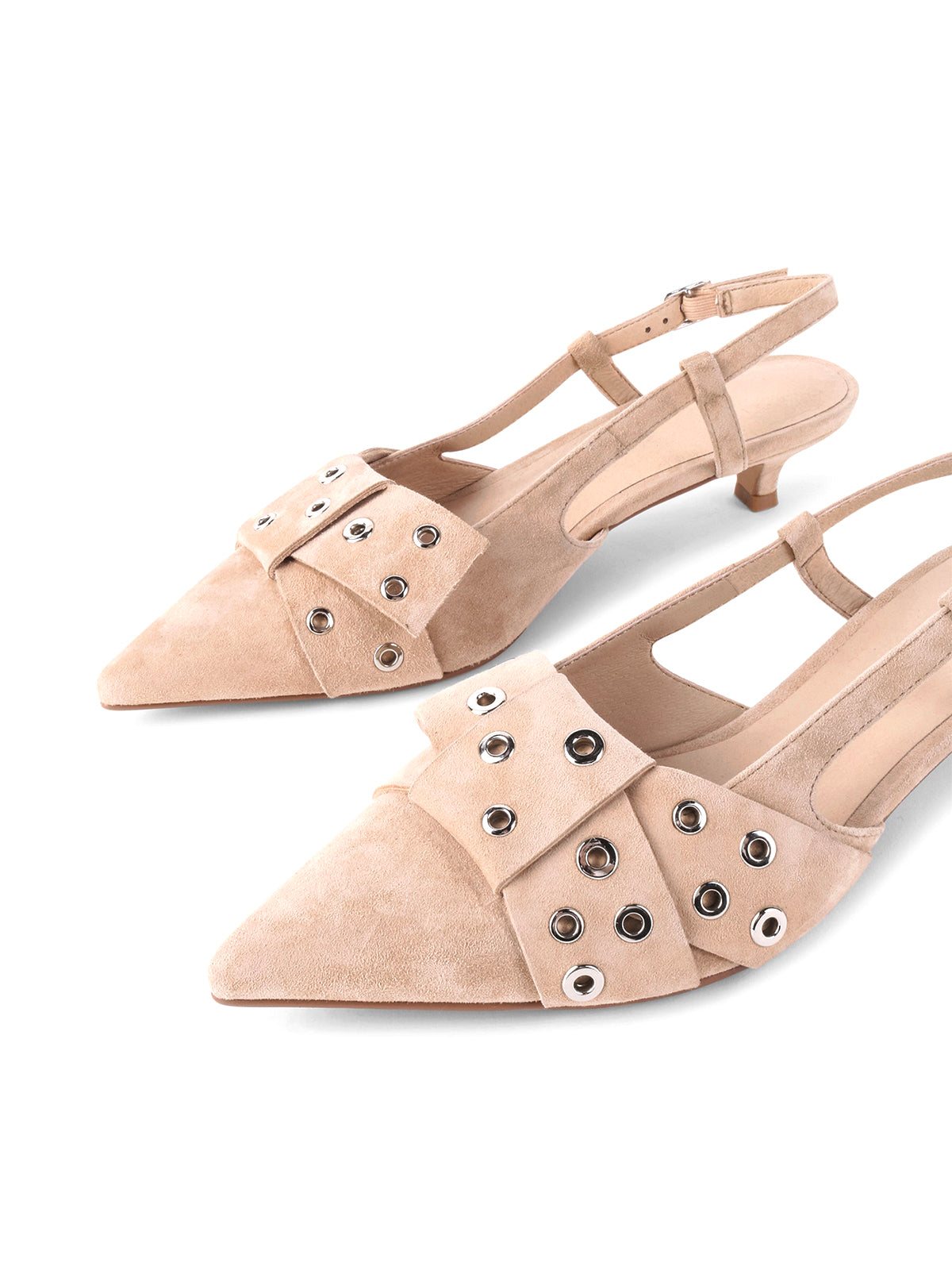 Beige Faux Suede Pointed-Toe Front Eyelets Back Strap Kitten Heels