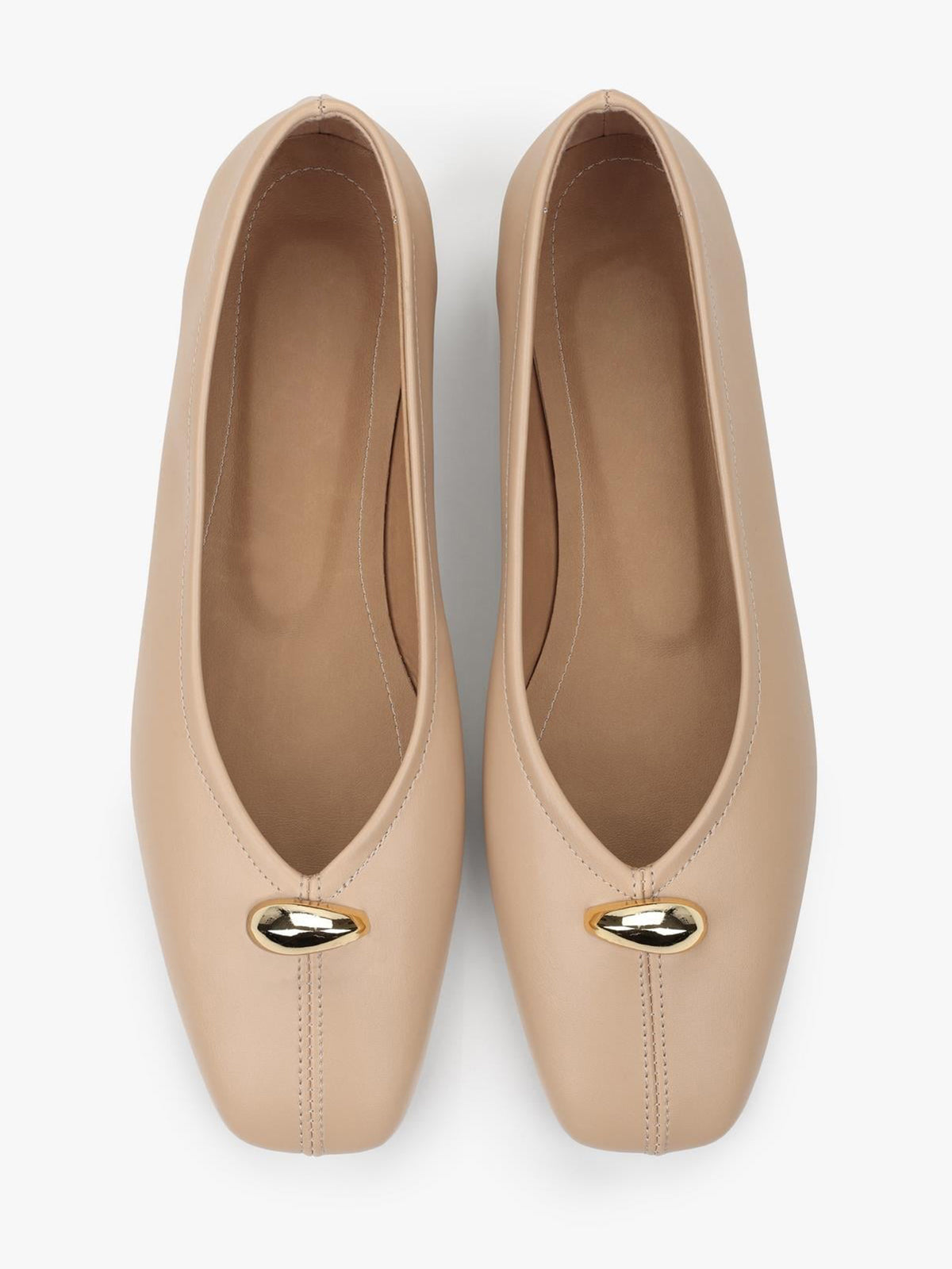 Nude Square-Toe Front Gold Metal Detail Slip-On Flats