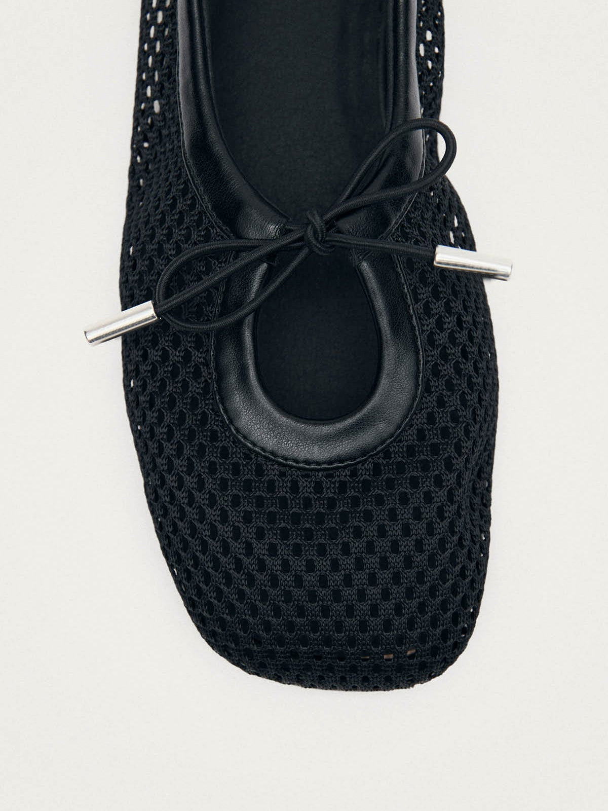 Black Mesh And Vegan Leather Square-Toe Middle Bow Ballet Flats