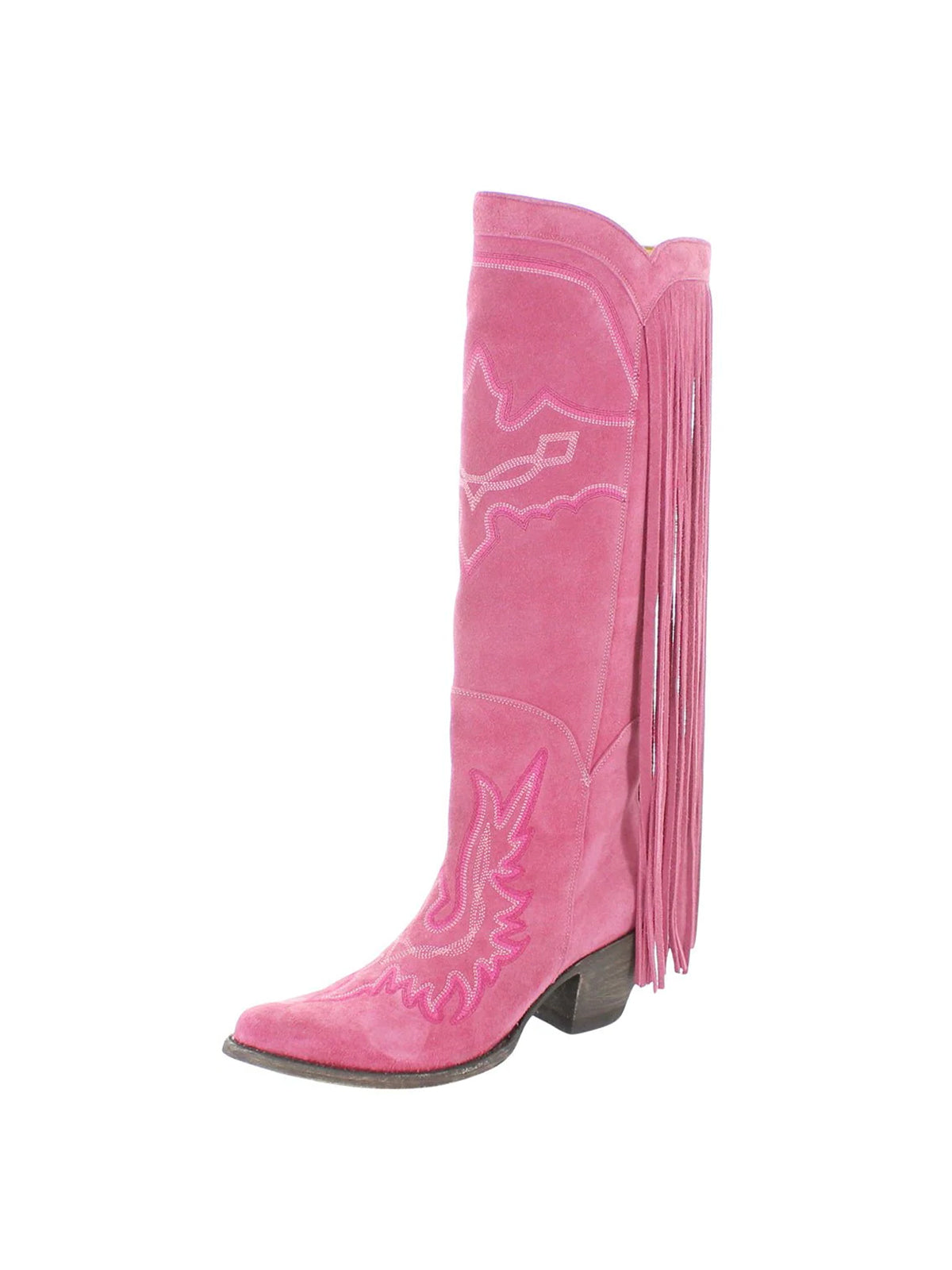 Almond-Toe Faux Suede Fringe Full-Zip Embroidery Knee High Cowgirl Boots - Pink
