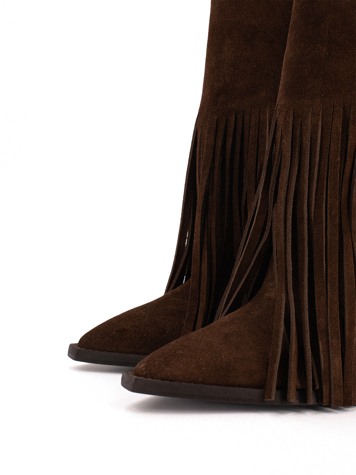 Dark Brown Faux Suede Pointed-Toe Fringe Mid Calf Cowgirl Boots