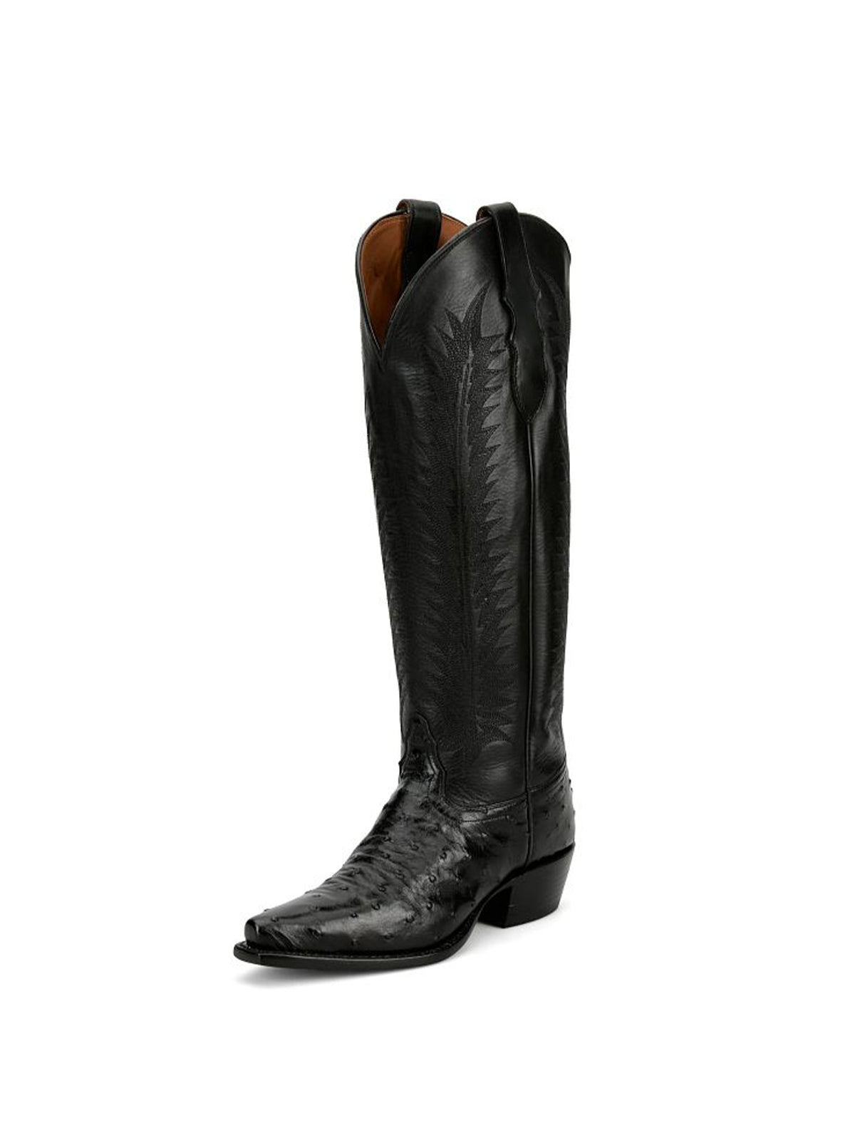 Black Ostrich Print Snip-Toe Western Stitch Knee High Cowgirl Boots