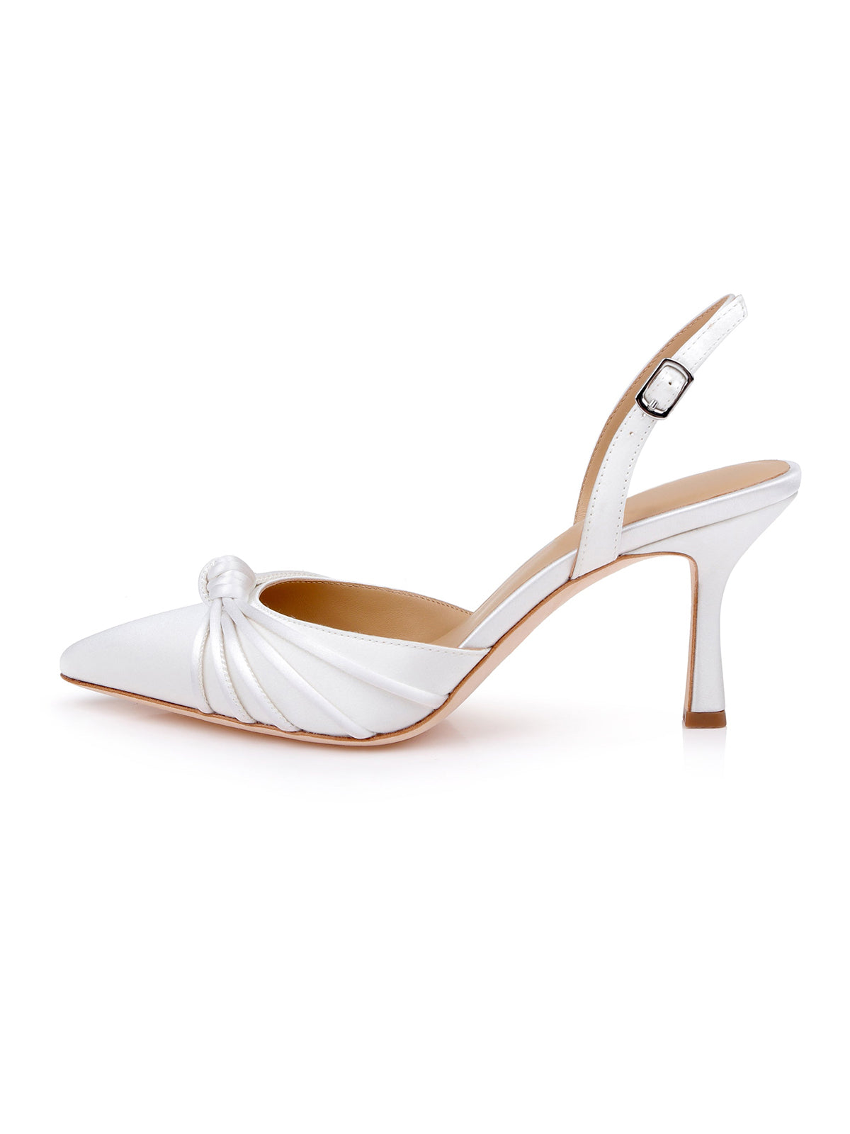 White Satin Pointed-Toe Front Knot And Slingback High Heels