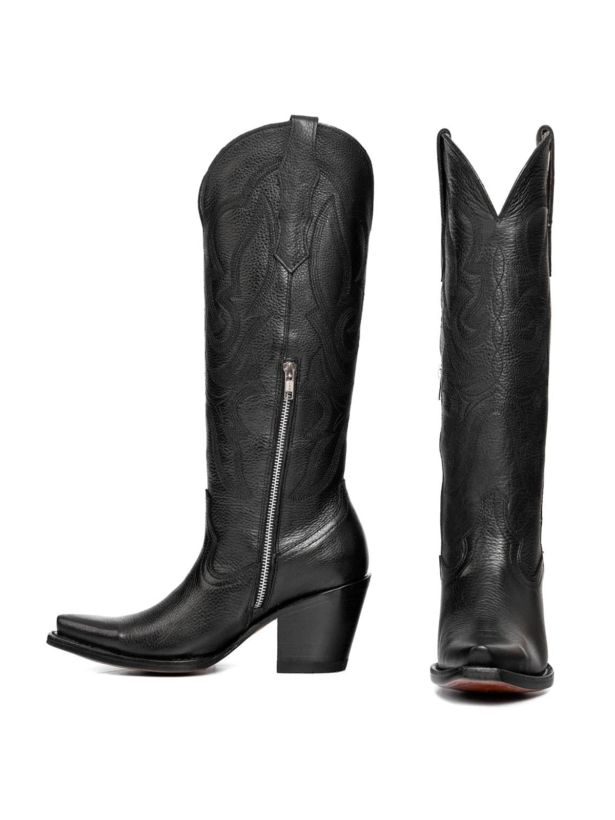 Western Snip-Toe Embroidery Half-Zip Knee High Chic Cowgirl Boots - Black