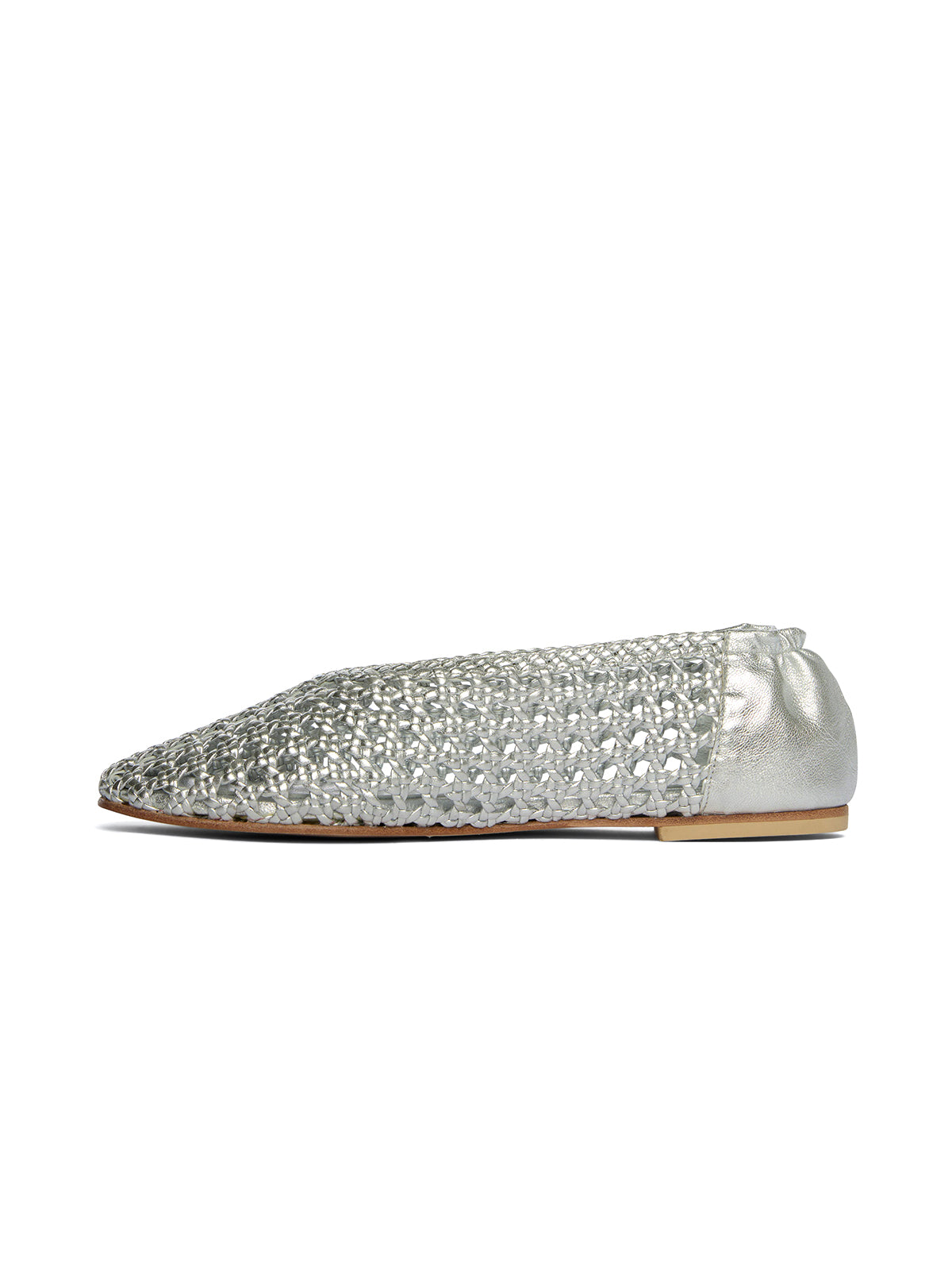 Metallic Silver Woven Vegan Leather Chic Round-Toe Slip-On Ballet Flats