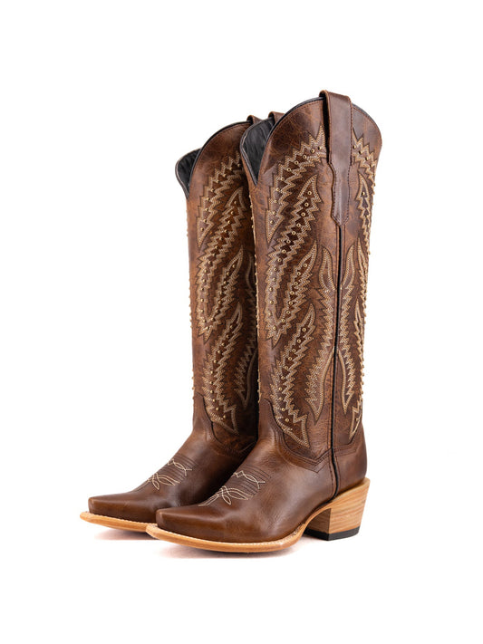 Brown Snip-Toe Embroidery And Studs Wide Calf Knee High Cowgirl Boots For Woman