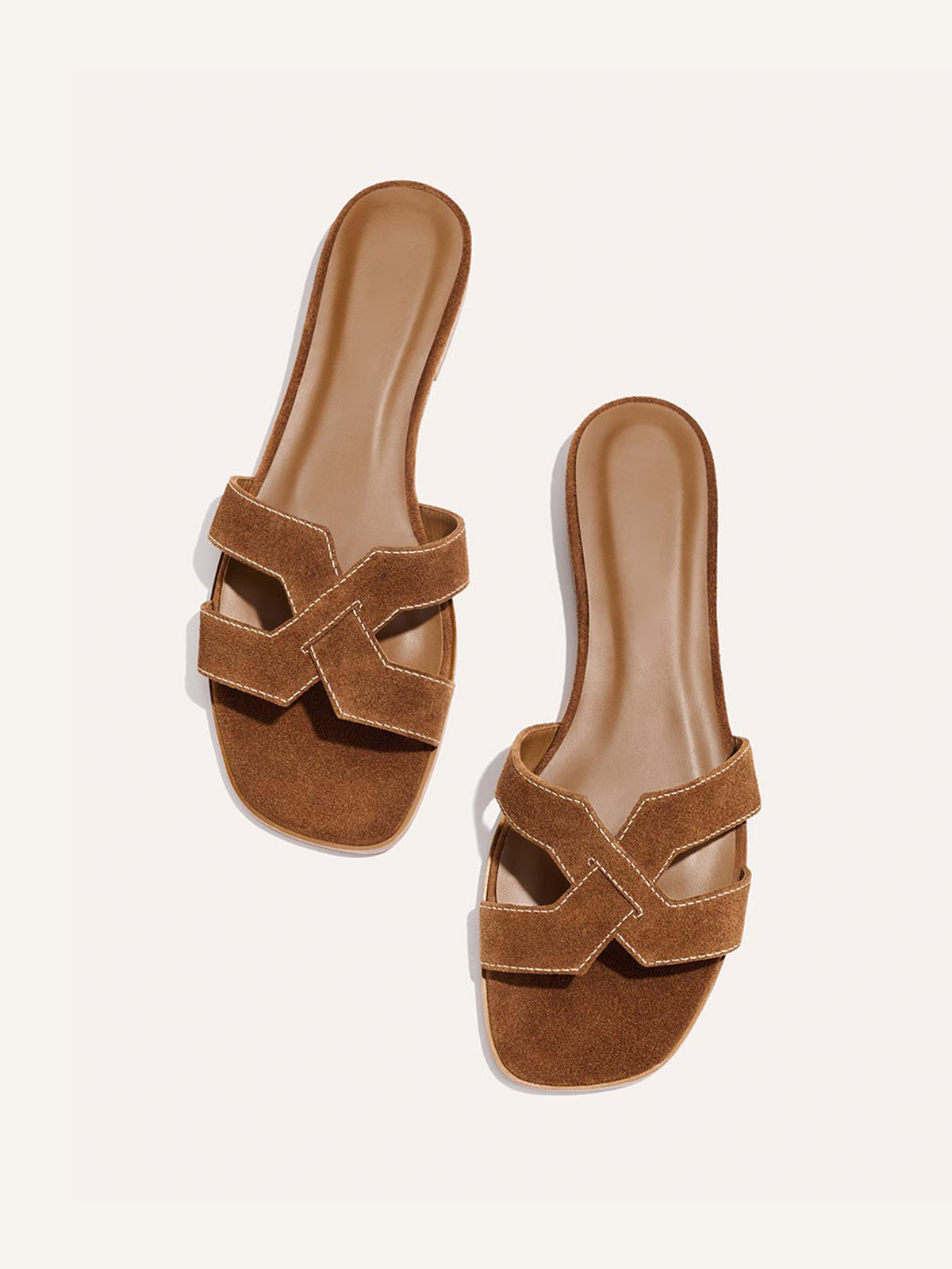Brown Faux Suede Square-Toe Stylish Backless Sandals Flats