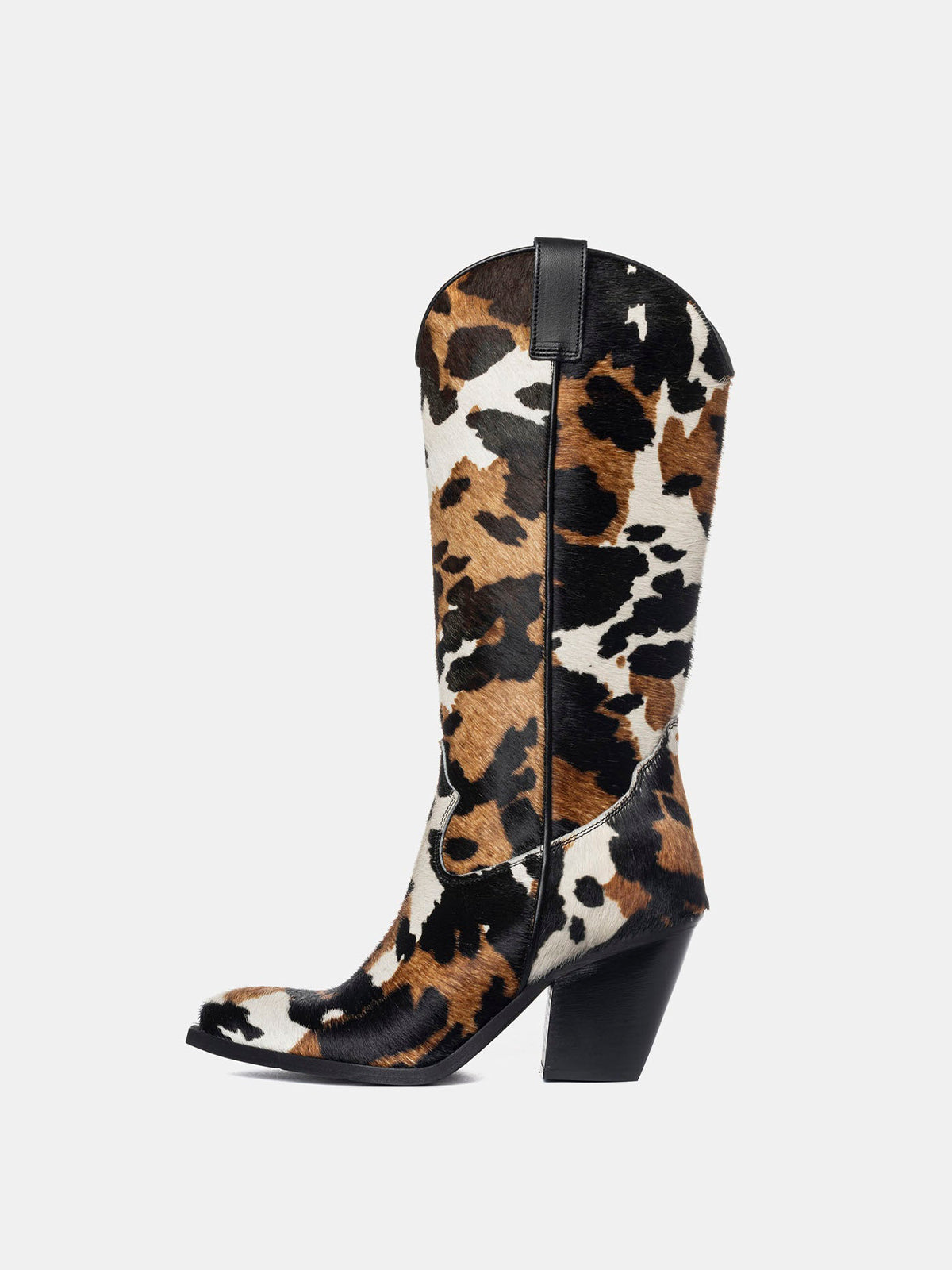Cow Print Pony Hair Snip-Toe Simple Half-Zip Mid Calf Cowgirl Boots