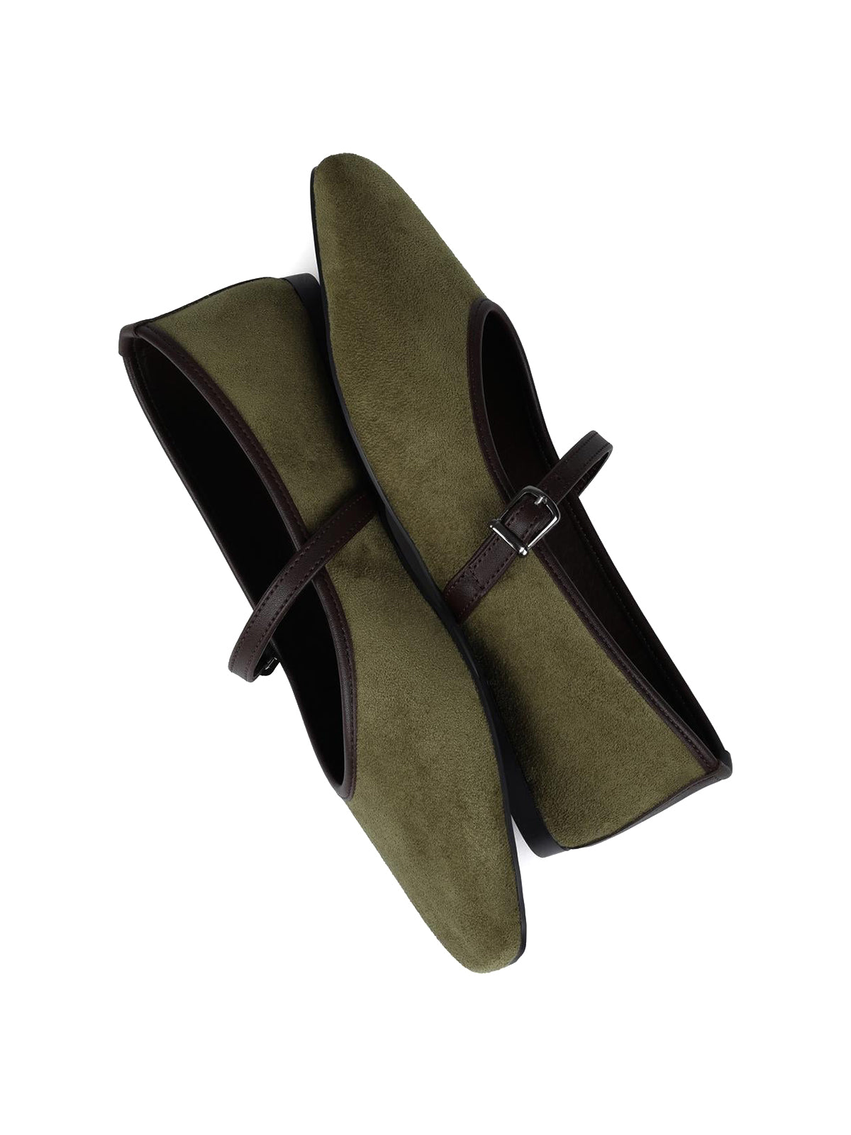 Olive Green Faux Suede Square-Toe Buckle Bridge Strap Classic Ballet Flats