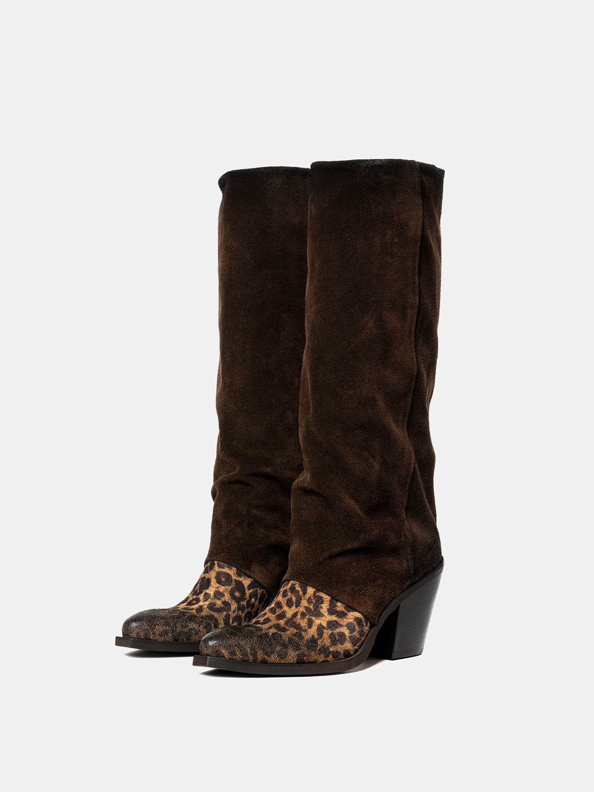 Contrast Dark Brown And Leopard Faux Suede Snip-Toe Wide Calf Knee High Cowgirl Boots