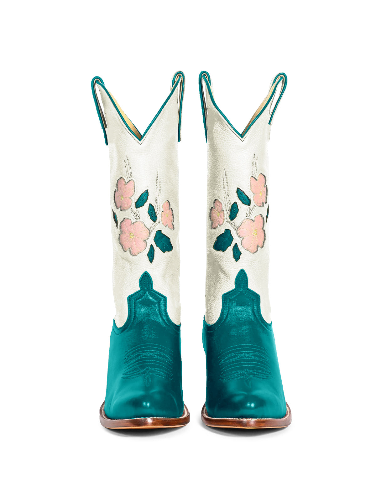 Contrast White And Turquoise Almond-Toe Fresh Flower Inlay Mid Calf Cowgirl Boots