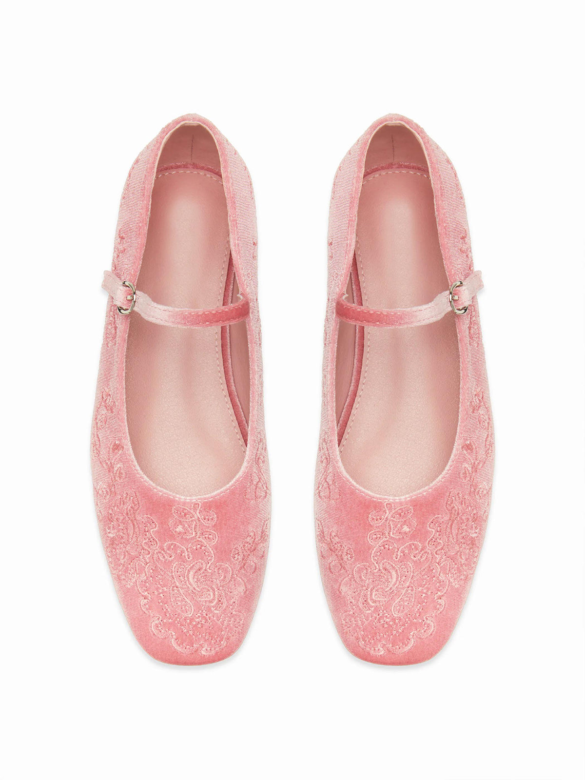 Pink Velvet Square-Toe Chic Mary Jane Ballet Flats