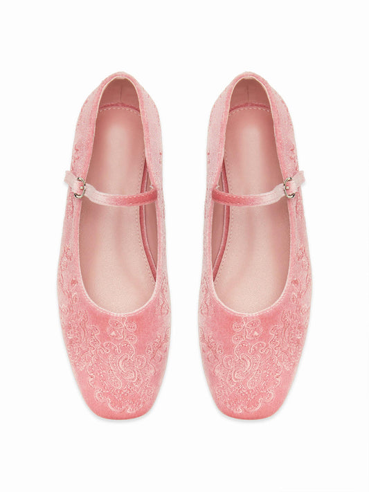 Pink Velvet Square-Toe Chic Mary Jane Ballet Flats