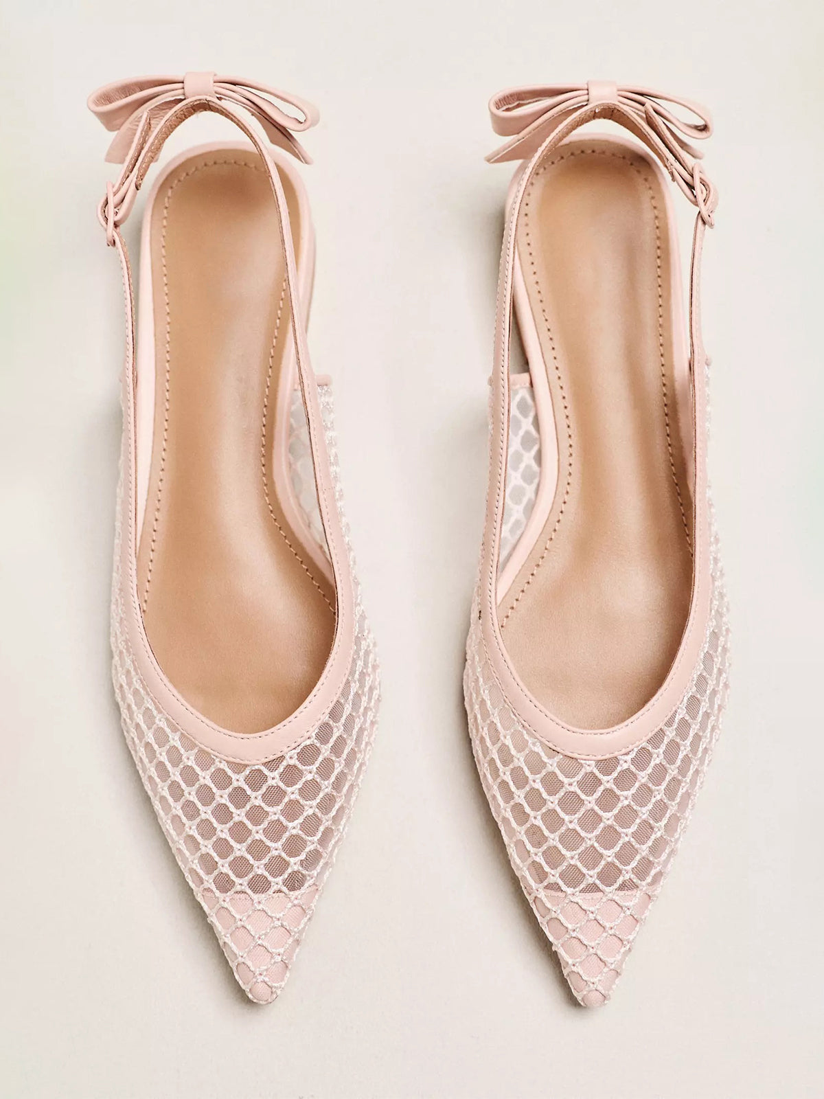 Nude Mesh Pointed-Toe Slingback Back Bow Flats