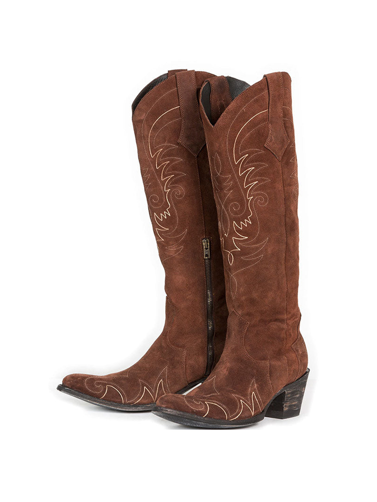 Side-Zip Pointed-Toe Chic Embroidery Wide Calf Knee High Cowgirl Boots - Brown
