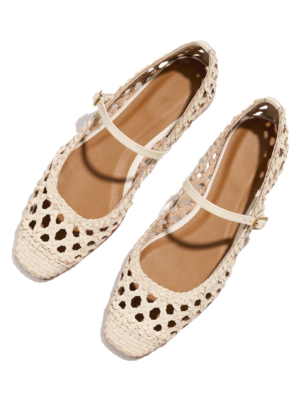 Ivory Woven Vegan Leather Square-Toe Chic Mary Jane Flats