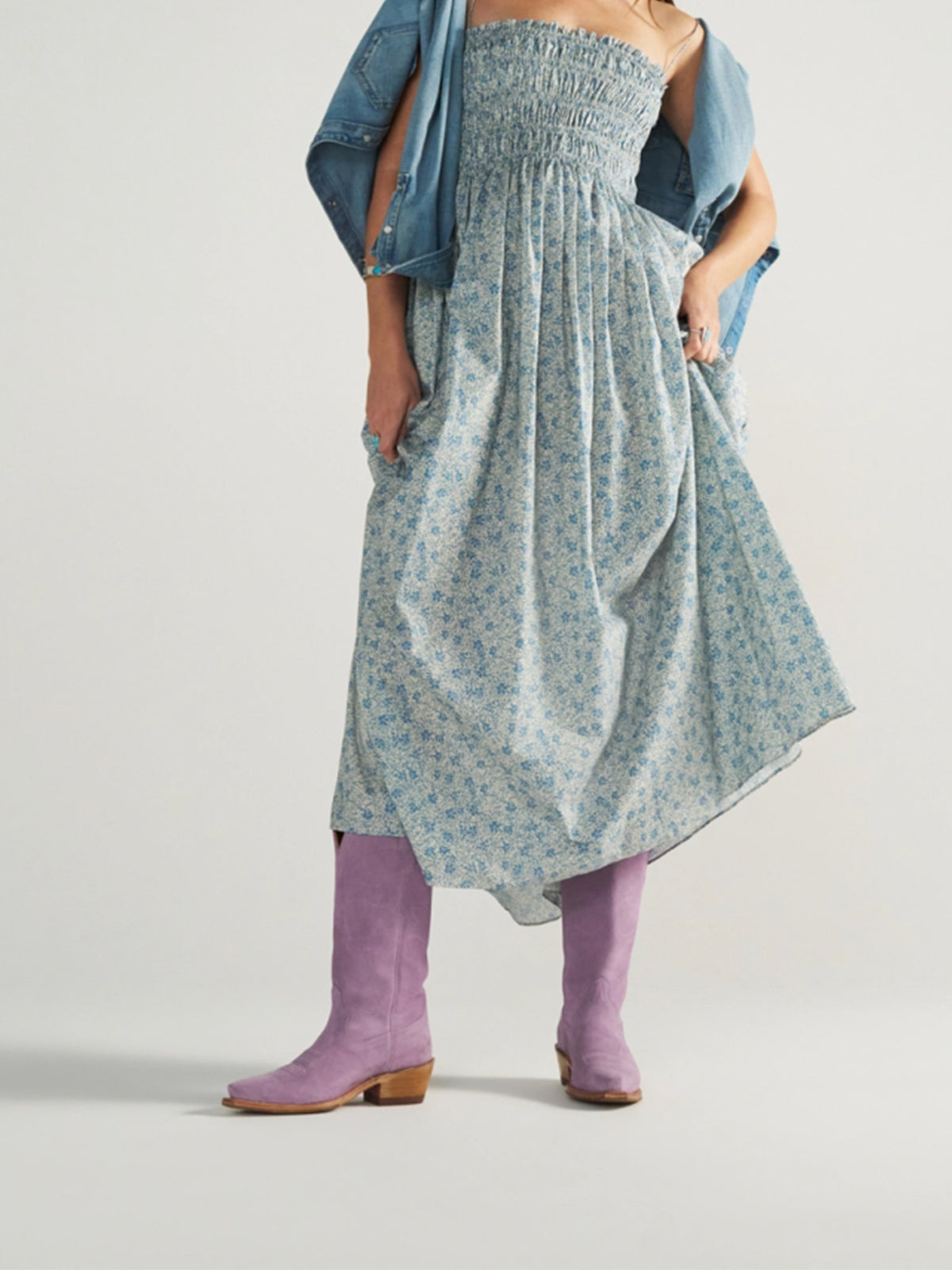 Lavender Faux Suede Snip-Toe Stitch Classic Wide Calf Knee High Cowgirl Boots