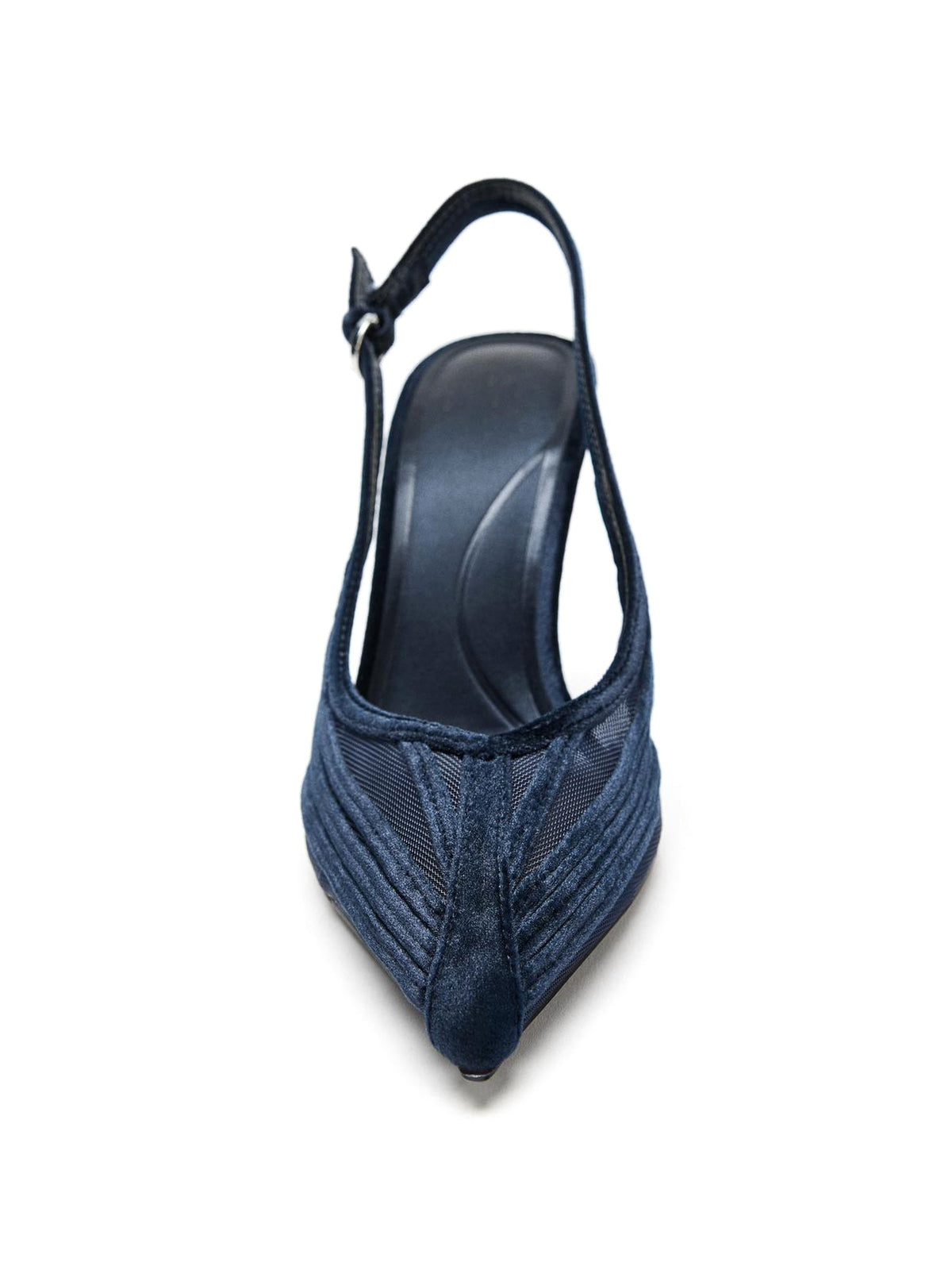 Blue Mesh Velvet Pointed-Toe Front Strappy Slingback High Heels