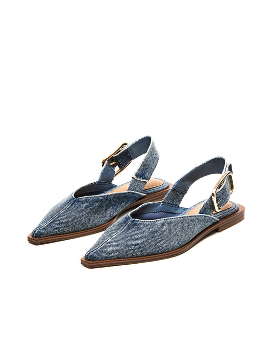 Blue Denim Pointed-Toe Wide Slingback Flats