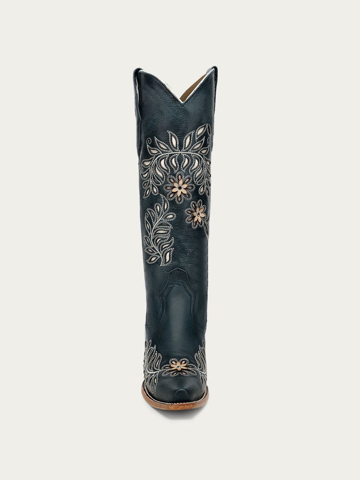 Navy Snip-Toe Leaves Flowers And Bird Inlay Half-Zip Knee High Cowgirl Boots