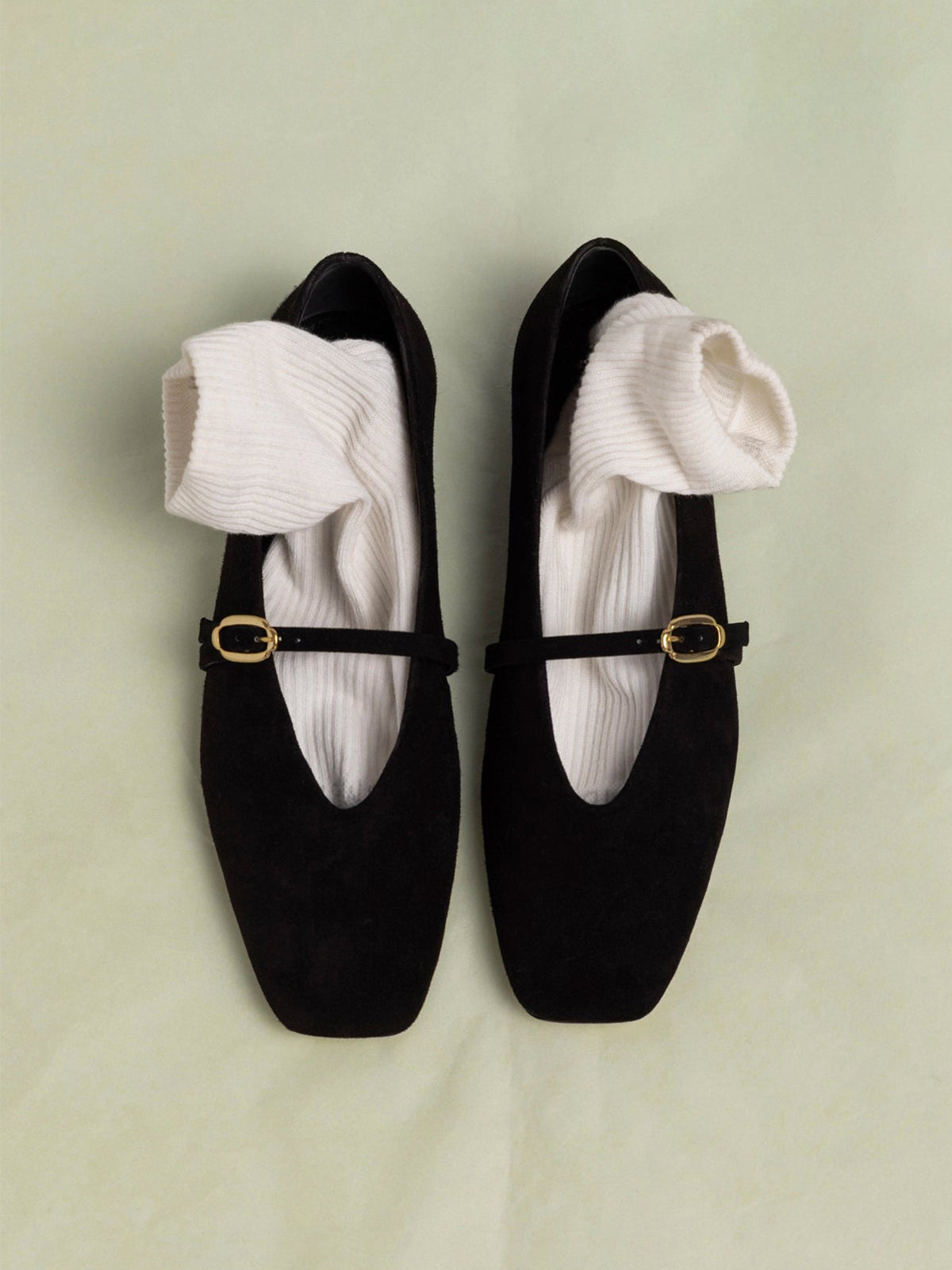 Black Faux Suede Square-Toe Buckle Mary Jane Ballet Classic Flats