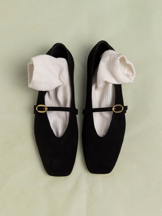 Black Faux Suede Square-Toe Buckle Mary Jane Ballet Classic Flats