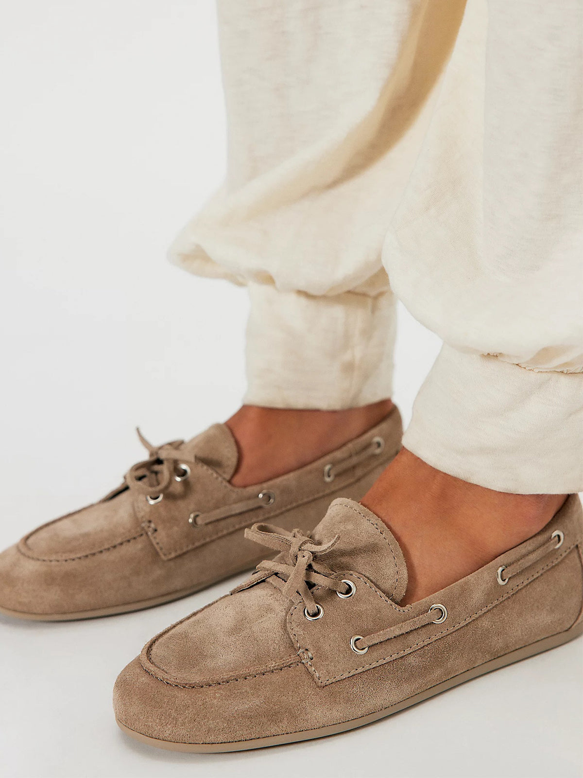 Taupe Faux Suede Round-Toe Lace-Up Boat Shoes Flats