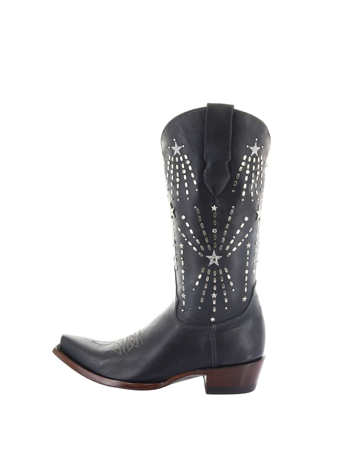 Black Snip-Toe Stars Studs And Crystals Half-Zip Mid Calf Cowgirl Boots