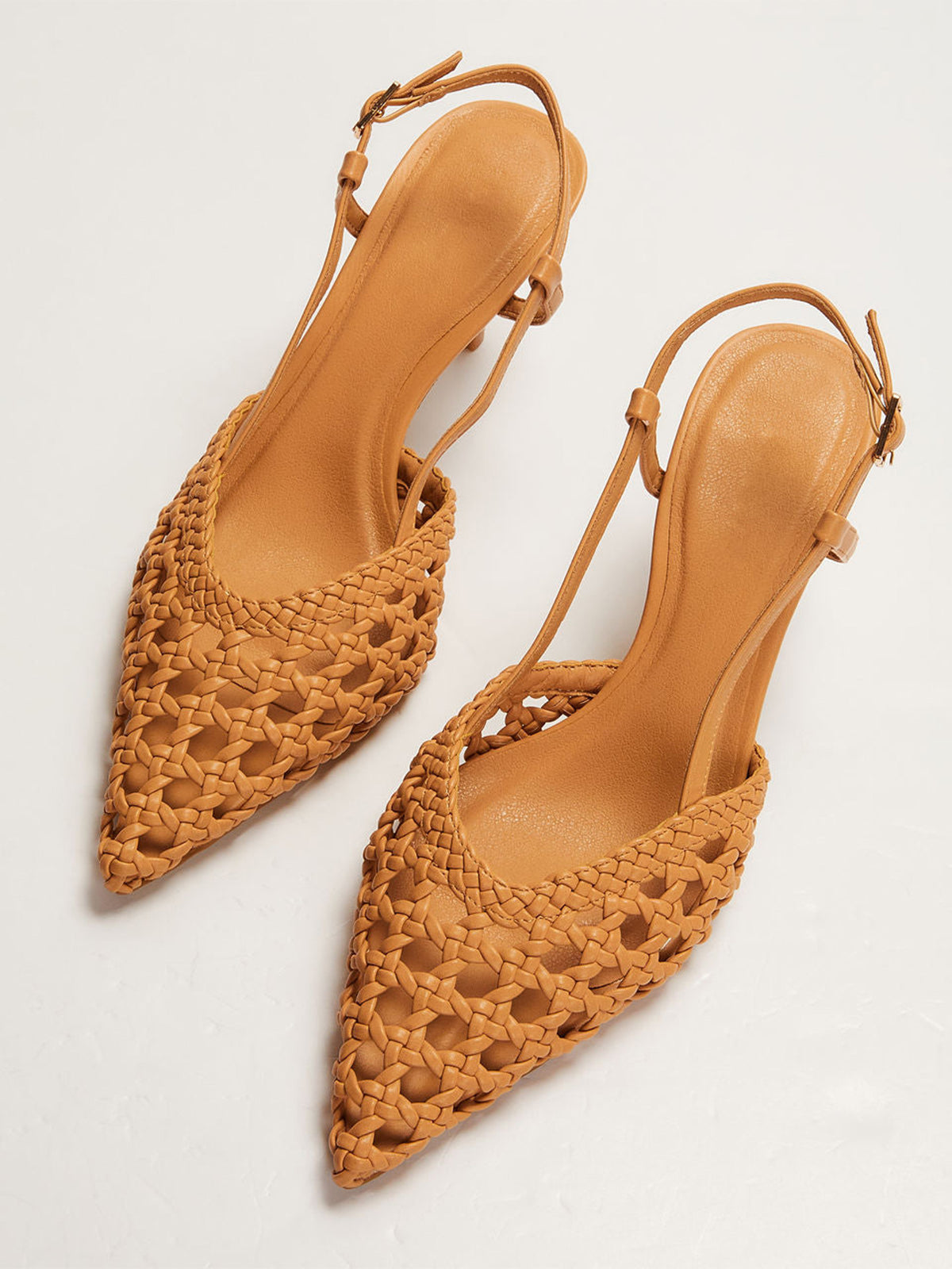Tan Woven Vegan Leather Pointed-Toe Classic Slingback Pumps Kitten Heels