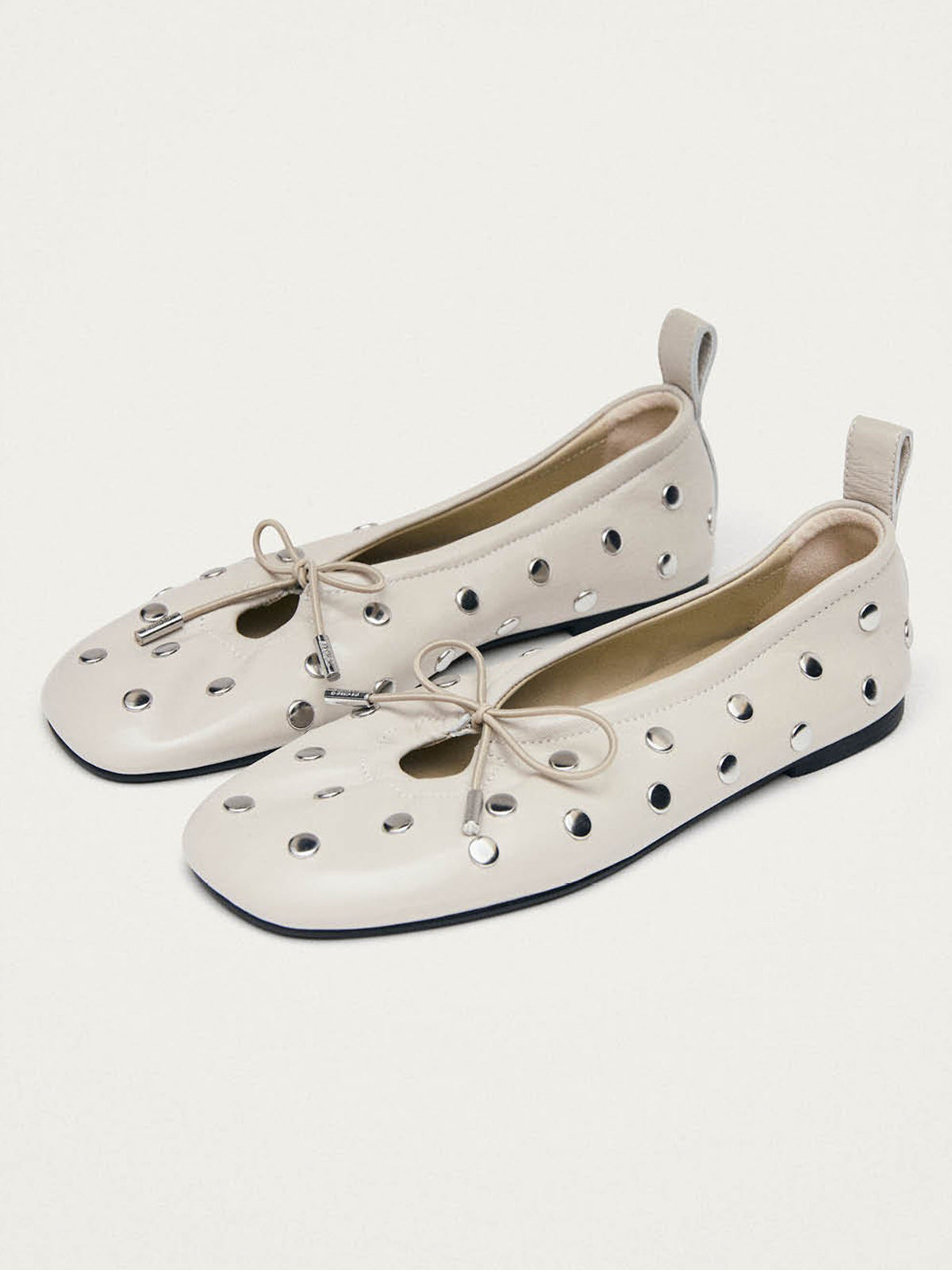 Ivory Square-Toe Full Studs And Front Bow Chic Ballet Flats