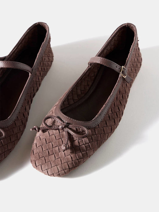 Brown Woven Faux Suede Square-Toe Front Bow And Mary Jane Flats