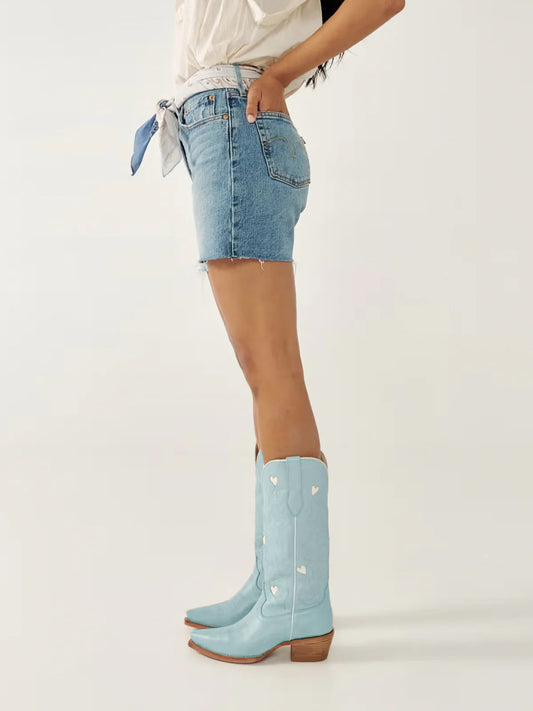 Light Blue Snip-Toe Embroidery White Heart Inlay Mid Calf Cowgirl Boots