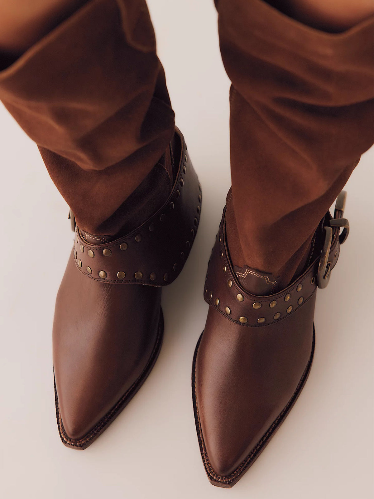 Brown Pointed-Toe Studded Buckle Strap Wide Calf Knee High Cowgirl Boots