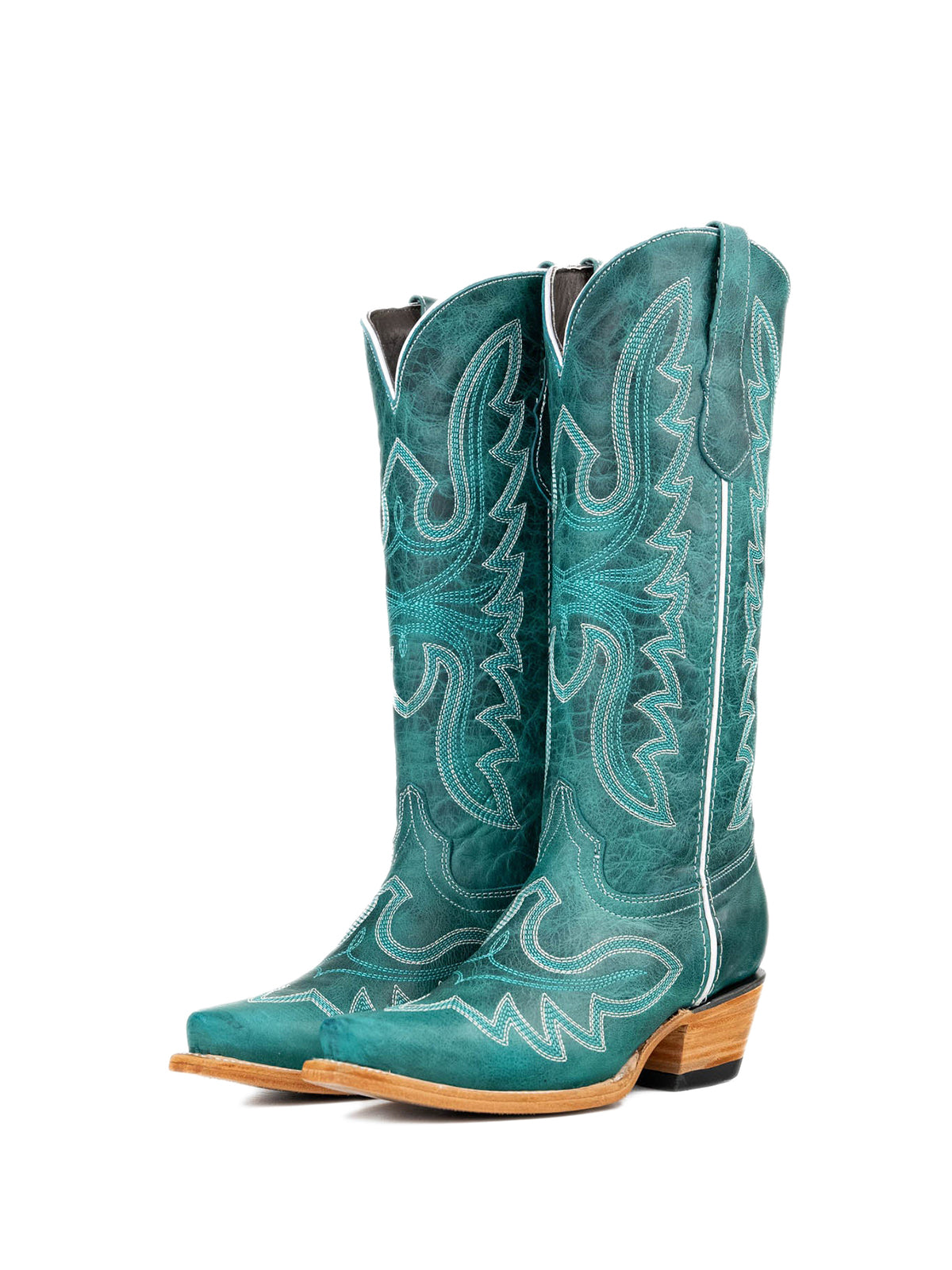 Distressed Turquoise Snip-Toe Classic Embroidery Mid Calf Cowgirl Boots