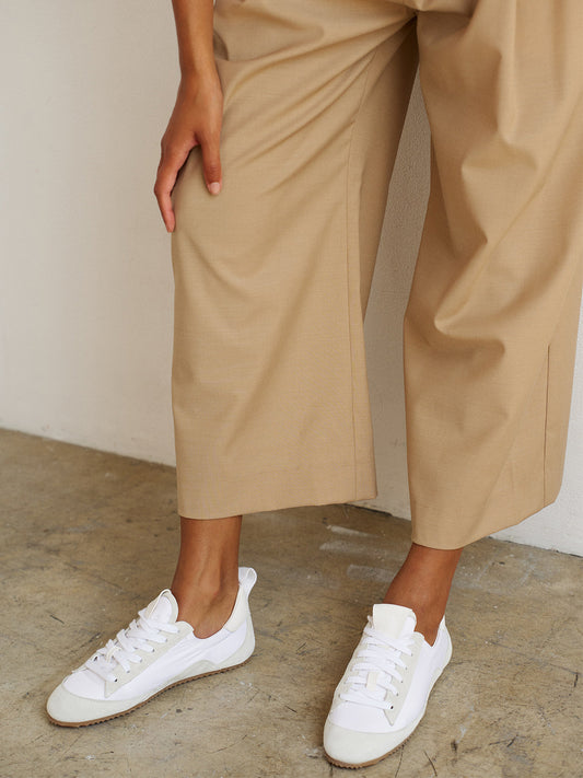 Cow Suede And Satin Round-Toe Lace-Up Chic Sneakers - White