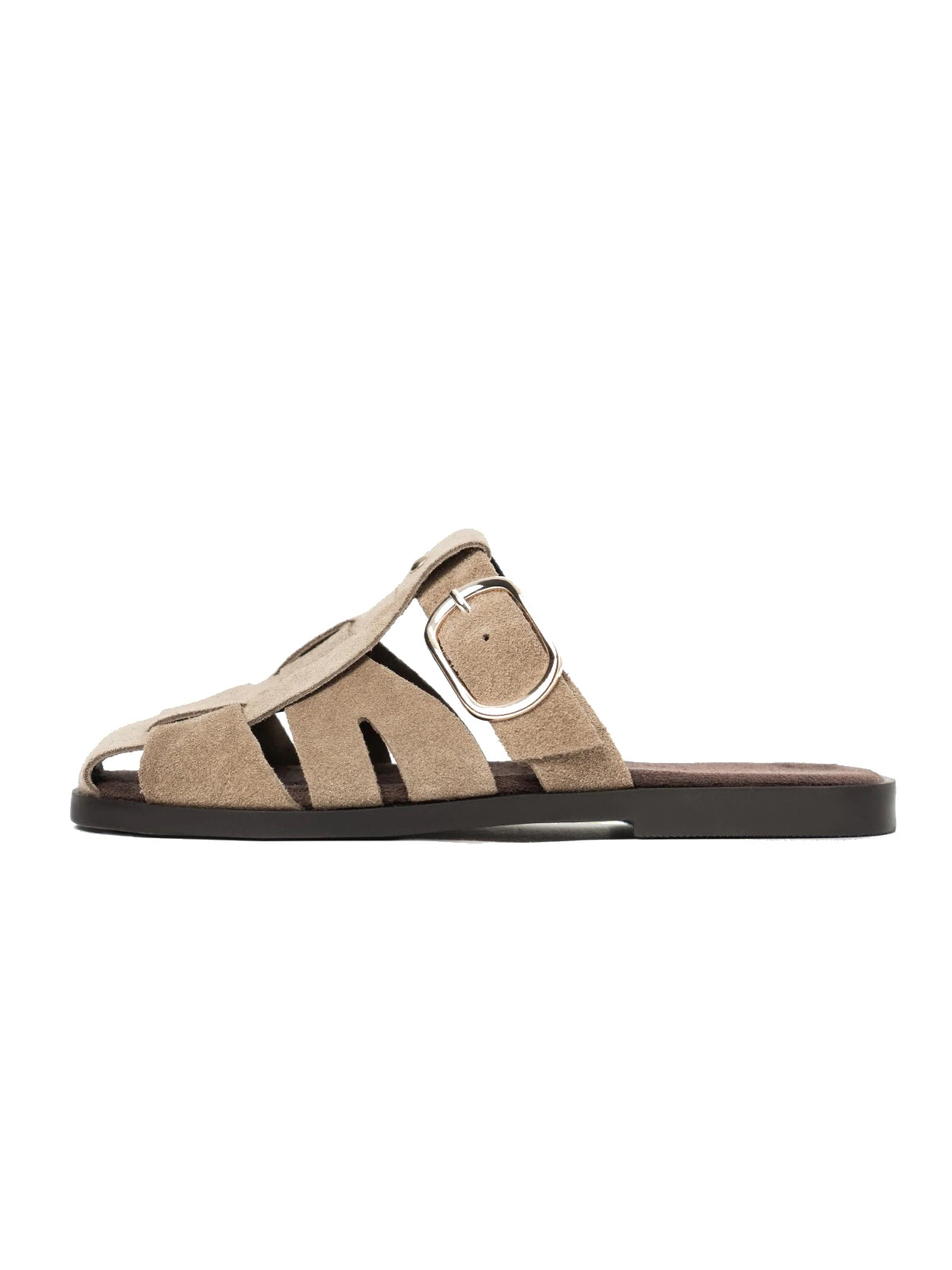 Light Khaki Cow Suede Round-Toe Caged Detail Backless Flats