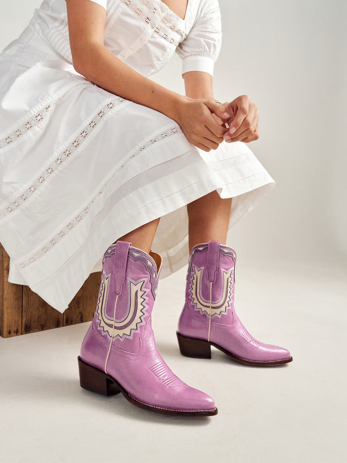 Purple Almond-Toe Horseshoe Inlay Cowgirl Ankle Boots
