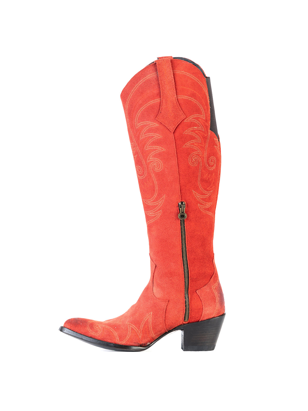 Side-Zip Pointed-Toe Chic Embroidery Wide Calf Knee High Cowgirl Boots - Red