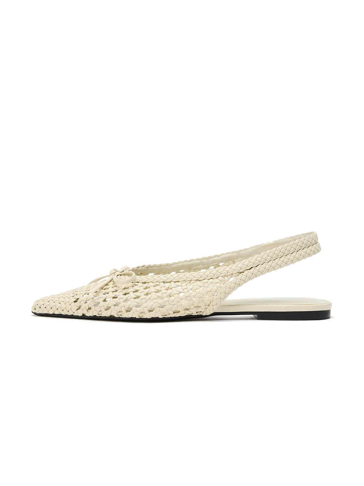 Beige Woven Vegan Leather Pointed-Toe Front Bow Slingback Flats